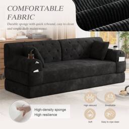 Direct Wicker 3-Seater Corduroy Sofa Bed with Cup Holders & Side Storage Pockets in Black - Size: 3 Seater - thumbnail 6
