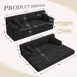 Direct Wicker 3-Seater Corduroy Sofa Bed with Cup Holders & Side Storage Pockets in Black - Size: 3 Seater - thumbnail 7