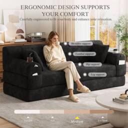 Direct Wicker 3-Seater Corduroy Sofa Bed with Cup Holders & Side Storage Pockets in Black - Size: 3 Seater - thumbnail 5