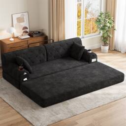 Direct Wicker 3-Seater Corduroy Sofa Bed with Cup Holders & Side Storage Pockets in Black - Size: 3 Seater - thumbnail 1