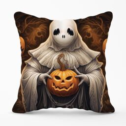 Warren Reed - Designer Spooky White Ghost Holding Pumpkin Outdoor Cushion - Size: 45 cm x 45 cm - thumbnail 1