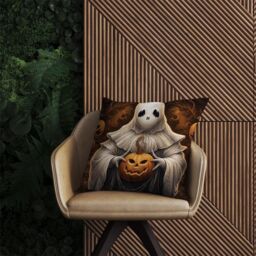 Warren Reed - Designer Spooky White Ghost Holding Pumpkin Outdoor Cushion - Size: 45 cm x 45 cm - thumbnail 2