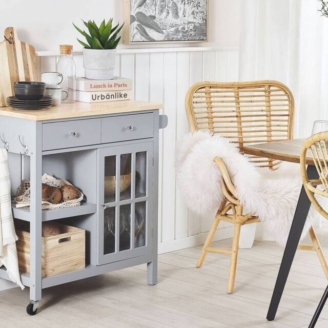 Wyld and Coco Kitchen Trolley Grey Wood Light Pine Top Storage Drawers and Castors - image 1