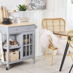 Wyld and Coco Kitchen Trolley Grey Wood Light Pine Top Storage Drawers and Castors - thumbnail 1