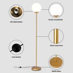 Costway Modern Globe Floor Lamp with Acrylic Lampshade & Foot Switch E27 Holder in Gold - thumbnail 5