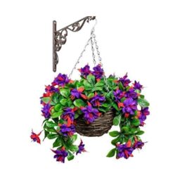Primrose Artificial Fuchsia Flowers Rattan Hanging Basket Decoration Purple 25cm in Green - thumbnail 1