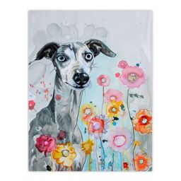 "Artery8 Dog Lover Whippet with Spring Flowers Watercolour Wall Art Print in Blue - Size: W24"" x H32""" - thumbnail 1