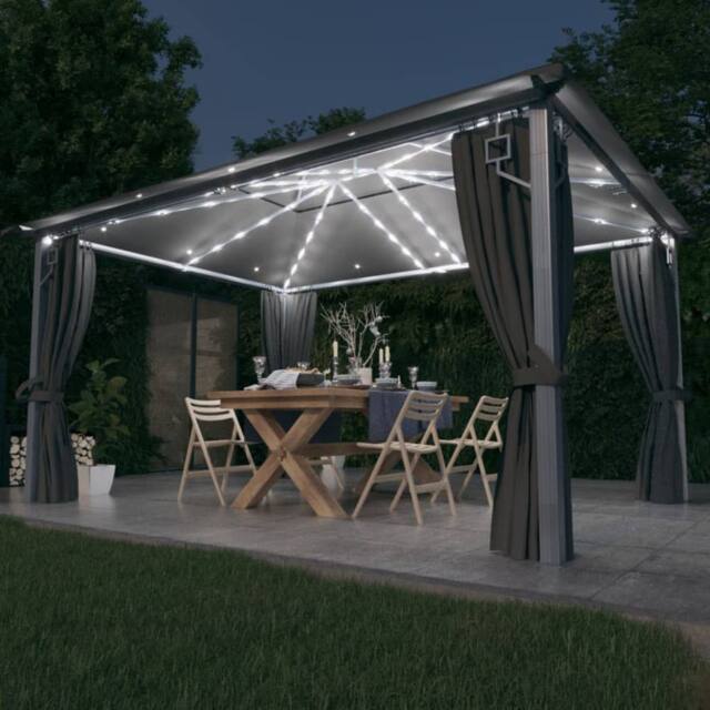Berkfield Home Gazebo with Curtain&LED String Lights 4x3 m Anthracite Aluminium in Black - image 1