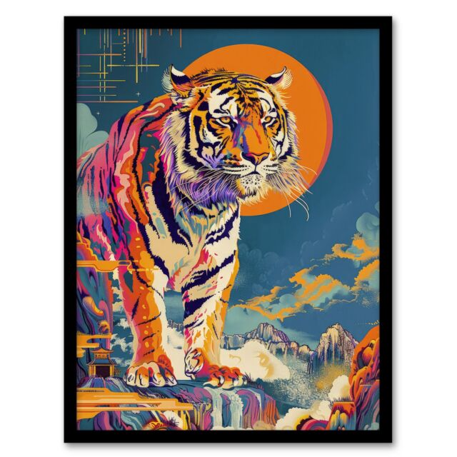 "Artery8 Wall Art Print Japanese Tiger in Sun Abstract Colourful Classic Art Framed Poster in Black - Size: W12"" x H16""" - image 1
