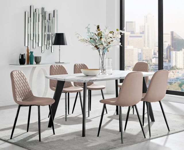 FurnitureboxUK Andria White Marble Effect & Black Leg 6 Seater Dining Table & 6 Corona Faux Leather Chairs in Beige - image 1