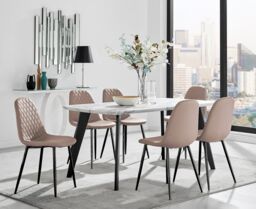 FurnitureboxUK Andria White Marble Effect & Black Leg 6 Seater Dining Table & 6 Corona Faux Leather Chairs in Beige