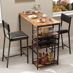 London Boutique 3PCS Dining Table Set Counter Height Table w/2 Chairs &Storage Shelves in Brown - thumbnail 1