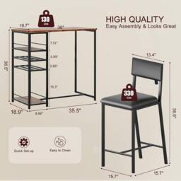 London Boutique 3PCS Dining Table Set Counter Height Table w/2 Chairs &Storage Shelves in Brown - thumbnail 3