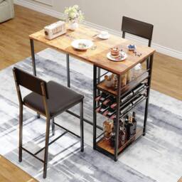 London Boutique 3PCS Dining Table Set Counter Height Table w/2 Chairs &Storage Shelves in Brown - thumbnail 7
