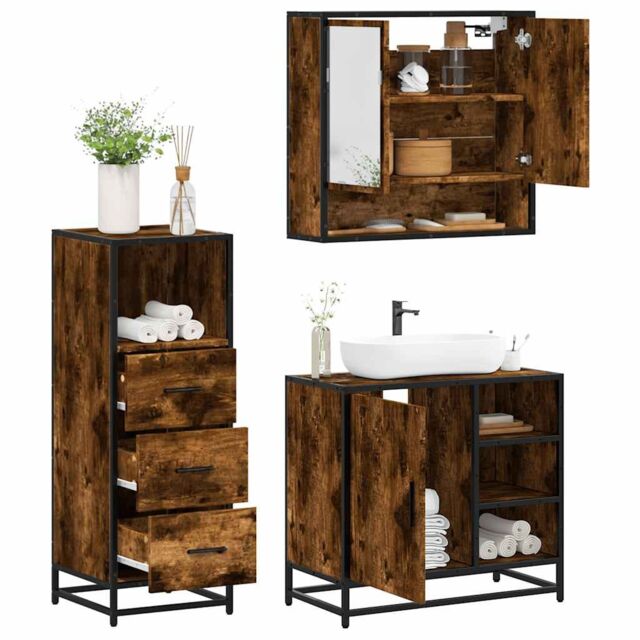 Berkfield Home 3 Piece Bathroom Furniture Set Smoked Oak Engineered Wood in Brown - image 1