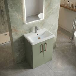 Balterley Contemporary Floor 2-Door Vanity & Mid-Edge Basin, Satin Green, 600mm in Green - thumbnail 4