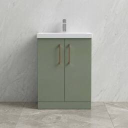 Balterley Contemporary Floor 2-Door Vanity & Mid-Edge Basin, Satin Green, 600mm in Green - thumbnail 6