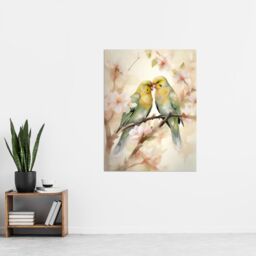 "Artery8 Two Lovebirds Cherry Blossom Watercolour Pair Perched Extra Large XL Wall Art Poster Print - Size: W24"" x H32""" - thumbnail 4