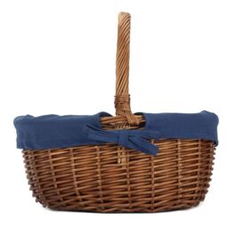 Red Hamper Cotton Lined Wicker Double Steamed Oval Shopping Basket in Navy - thumbnail 3