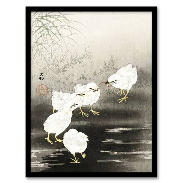 Artery8 Ohara Koson Framed Wall Art Print Chicks Eating Worms in Grey - Size: A4 - image 1