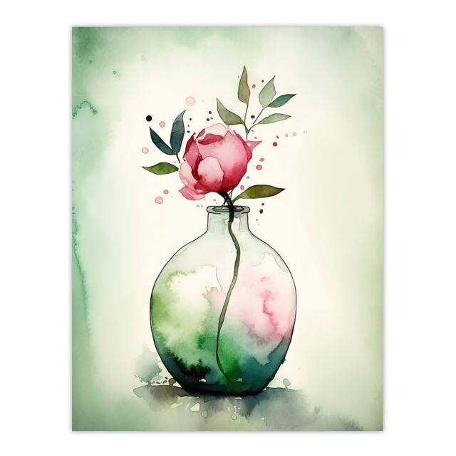 Artery8 Wall Art Print A Single Rose In A Glass Vase Watercolour Painting Green Pink Valentines Day Flower Romance Nature Colourful Bright Floral - image 1