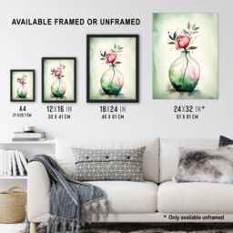 Artery8 Wall Art Print A Single Rose In A Glass Vase Watercolour Painting Green Pink Valentines Day Flower Romance Nature Colourful Bright Floral - thumbnail 3
