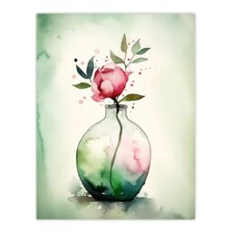 Artery8 Wall Art Print A Single Rose In A Glass Vase Watercolour Painting Green Pink Valentines Day Flower Romance Nature Colourful Bright Floral - thumbnail 1