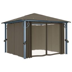 Berkfield Home Gazebo with Curtain&LED String Lights 3x3 m Taupe Aluminium in Beige - thumbnail 4