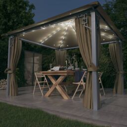 Berkfield Home Gazebo with Curtain&LED String Lights 3x3 m Taupe Aluminium in Beige - thumbnail 1