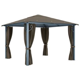 Berkfield Home Gazebo with Curtain&LED String Lights 3x3 m Taupe Aluminium in Beige - thumbnail 6