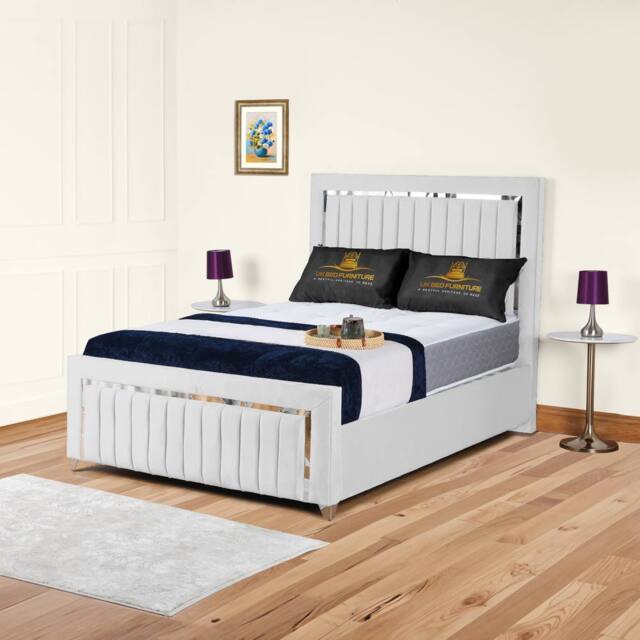 UK Bed Furniture Chrome Edge Slatted Base Upholstered Bed Frame with 48-inch Headboard in White - Size: Small Double - image 1