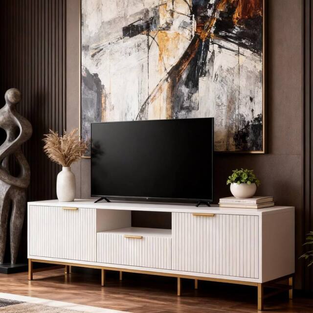 FURNITURE ONE White TV Cabinet with 1 Drawer, 2 Door, Open Shelf in Natural White - Size: 1 Pack - image 1