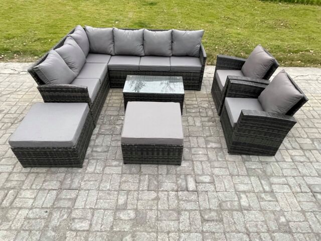 Fimous 10 Seater Rattan Lounge Corner Sofa Set Wicker PE Outdoor Garden Furniture Set with Coffee Table 2 Big Footstool 2 Armchair in Dark Grey - image 1