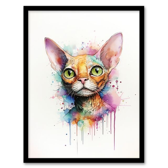 "Artery8 Wall Art Print Devon Rex Cat Lovers Gift Watercolour Pet Portrait Painting Artwork Art Framed - Size: W12"" x H16""" - image 1