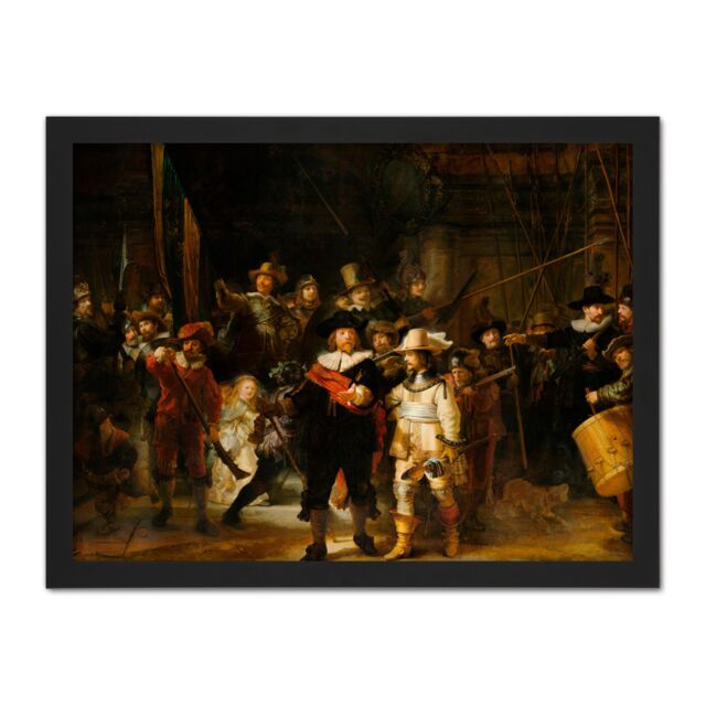 "Artery8 Wall Art Print Rembrandt Night Watch Scene The Shooting Company Large Framed Wall Décor Art in Brown - Size: W18"" x H24""" - image 1