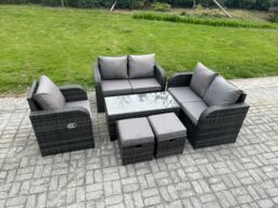 Fimous Patio Garden Furniture Sets Wicker Outdoor Rattan Furniture Sofa Sets with Rectangular Coffee Table Love seat Sofa 2 Small Footstools - thumbnail 2