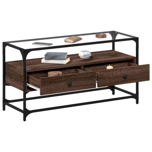 Berkfield Home TV Cabinet with Glass Top Brown Oak 98x35x51 cm Engineered Wood - Size: 98 x 35 x 51 cm - image 1