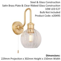 Loops Satin Brass Bathroom Wall Light & Ribbed Glass Shade IP44 Rated Knurled Detail in Clear - thumbnail 2