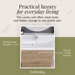 Balterley Contemporary Bathroom Floor Standing 2 Soft-Close Drawer Vanity Unit & Mid-Edge Ceramic Basin, Bleached Oak, 800 mm in Brown - thumbnail 7