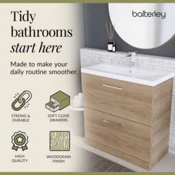 Balterley Contemporary Bathroom Floor Standing 2 Soft-Close Drawer Vanity Unit & Mid-Edge Ceramic Basin, Bleached Oak, 800 mm in Brown - thumbnail 3