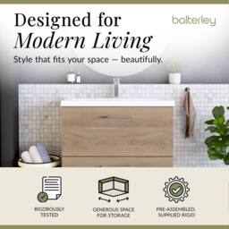 Balterley Contemporary Bathroom Floor Standing 2 Soft-Close Drawer Vanity Unit & Mid-Edge Ceramic Basin, Bleached Oak, 800 mm in Brown - thumbnail 2