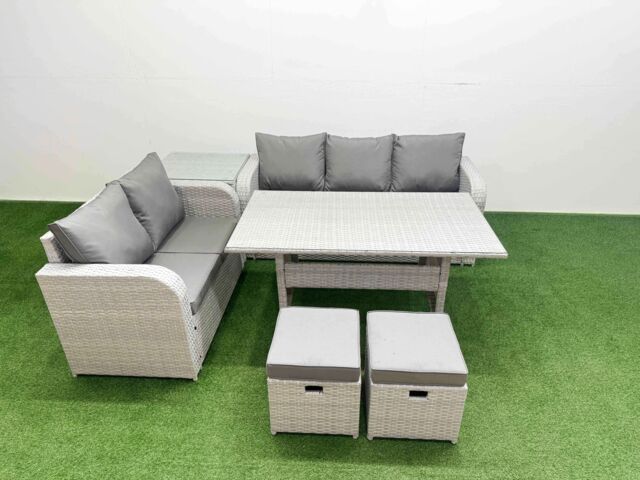 Fimous 7 Seater PE Rattan Wicker Garden Furniture Patio Conservatory Sofa Set w/ Rectangular Dining Table 3 Seater Sofa Love Sofa 2 Stools Side Table - image 1