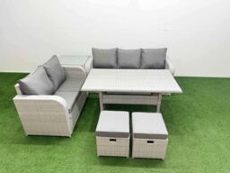 Fimous 7 Seater PE Rattan Wicker Garden Furniture Patio Conservatory Sofa Set w/ Rectangular Dining Table 3 Seater Sofa Love Sofa 2 Stools Side Table - thumbnail 1