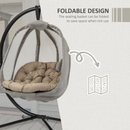 OUTSUNNY Hanging Egg Chair, Folding Texteline Swing Hammock with Side Pocket in Khaki - thumbnail 5