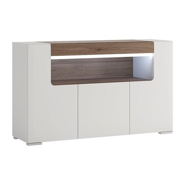 Furniture To Go Toronto 3 Door Sideboard with open shelving (inc. Plexi Lighting) in White