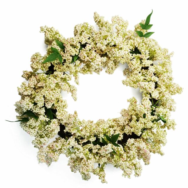 Leaf 55cm Artificial Hanging White Berries Wreath in Green - image 1