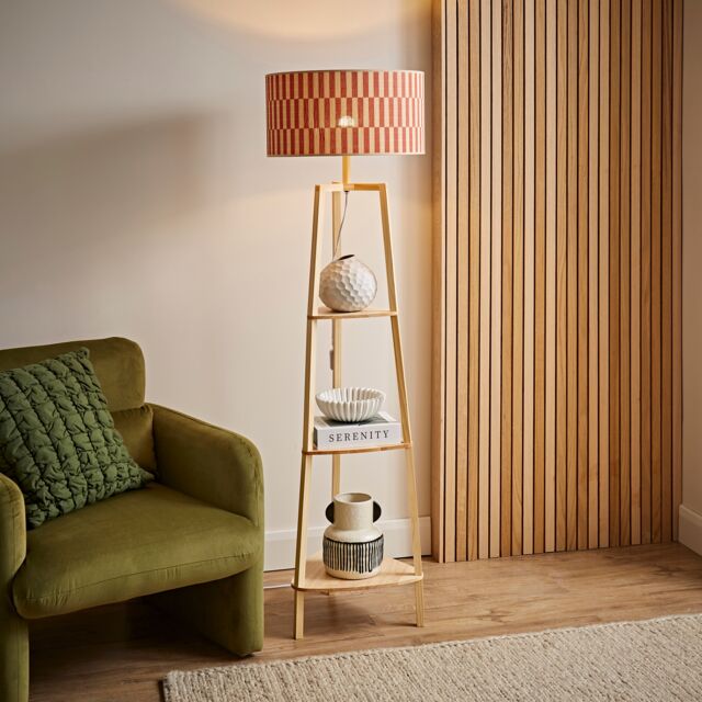 ValueLights Hiru Shelved Tripod Floor Lamp with Orange Checker Bamboo Lamp Shade - image 1