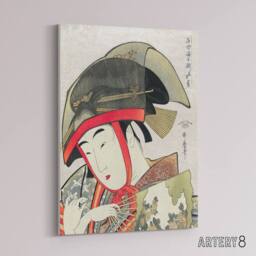 "Artery8 Woman Dancer With Fan Canvas Wall Art Print Utamaro Kitagawa in Green - Size: W18"" x H24""" - thumbnail 2