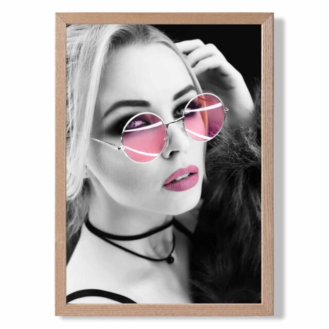 ARTZE Girl with Pink Sunglasses Fashion Black & White Photo Framed Print SIZE: A3 with Oak Frame - Size: A2 - image 1