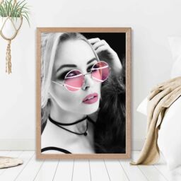 ARTZE Girl with Pink Sunglasses Fashion Black & White Photo Framed Print SIZE: A3 with Oak Frame - Size: A2 - thumbnail 2